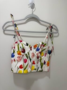 Alice + Olivia White Tulip Print Tie-Shoulder Crop Top